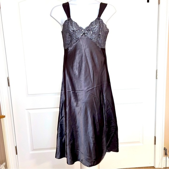 Vtg Victoria's Secret Gray Satin Lace Sequin Trim Long Nightgown Slip Dress L - Picture 1 of 10